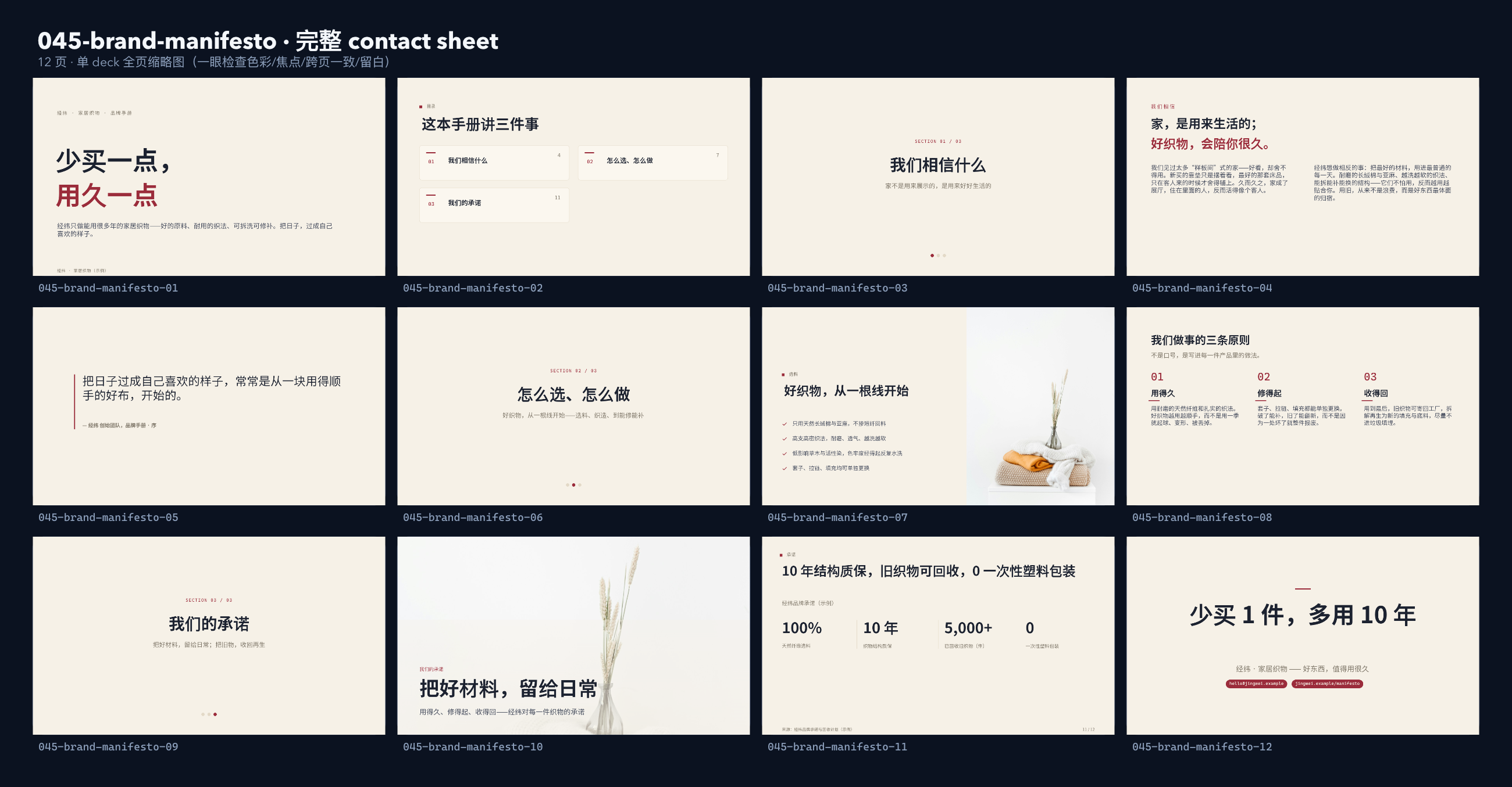 家居织物品牌「经纬」品牌手册 / 宣言（brand manifesto / brand book）。 **刻意补「文字密集 + 图文混排」缺口** contact sheet