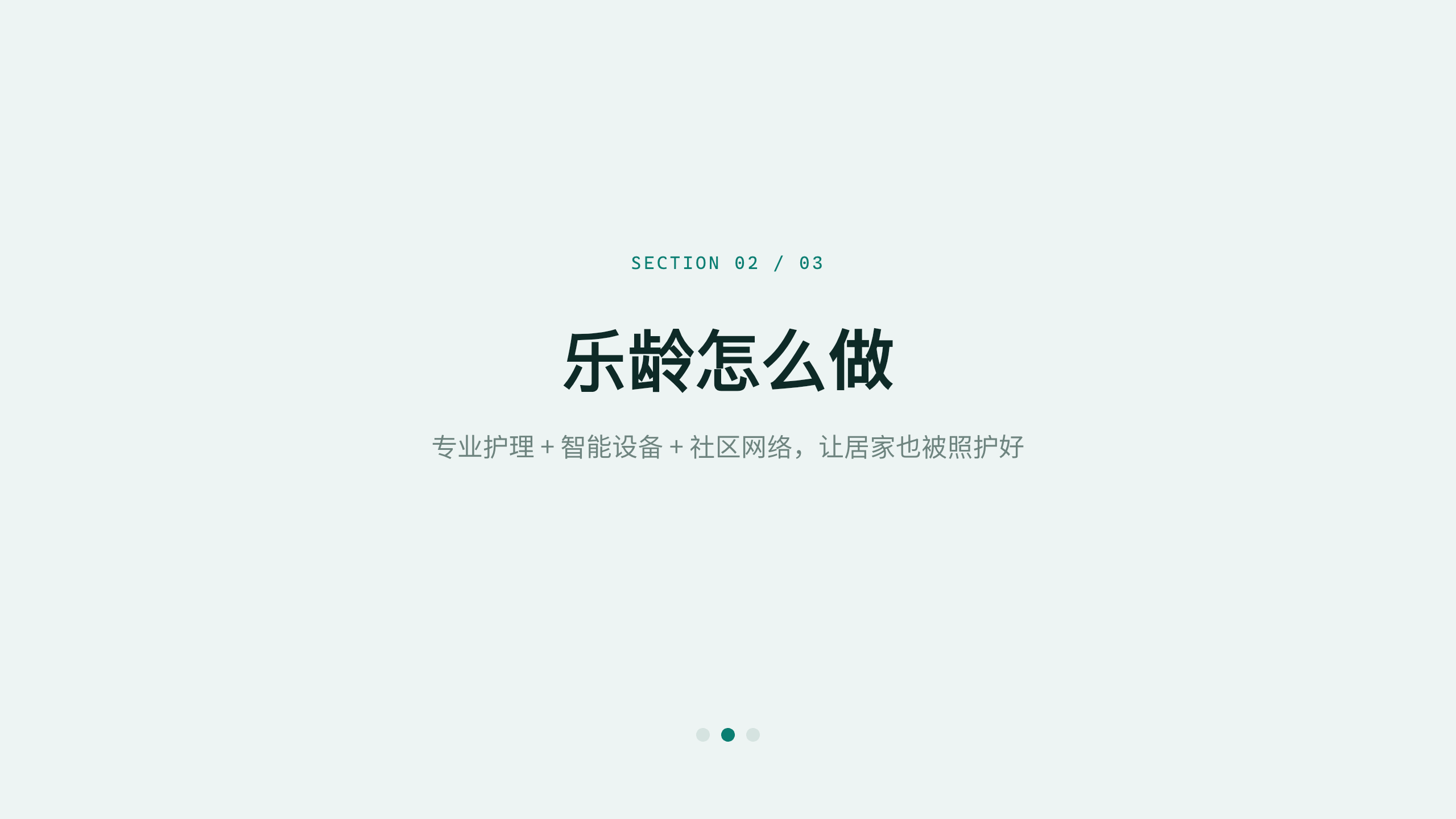 智慧养老「乐龄」（居家 + 社区 + 机构三级照护网络）。 设计系统：clear-teal（冷调薄雾白 · 唯一深青绿＝清澈/疗愈/尊严）。profile：strategy-leadership。 结构原型＝① 提案 problem→solution→scale，但**避开默认骨架**（零 addBigFact/addProcessFlow/addChartKpiSplit/addKpiRail） 第 6 页