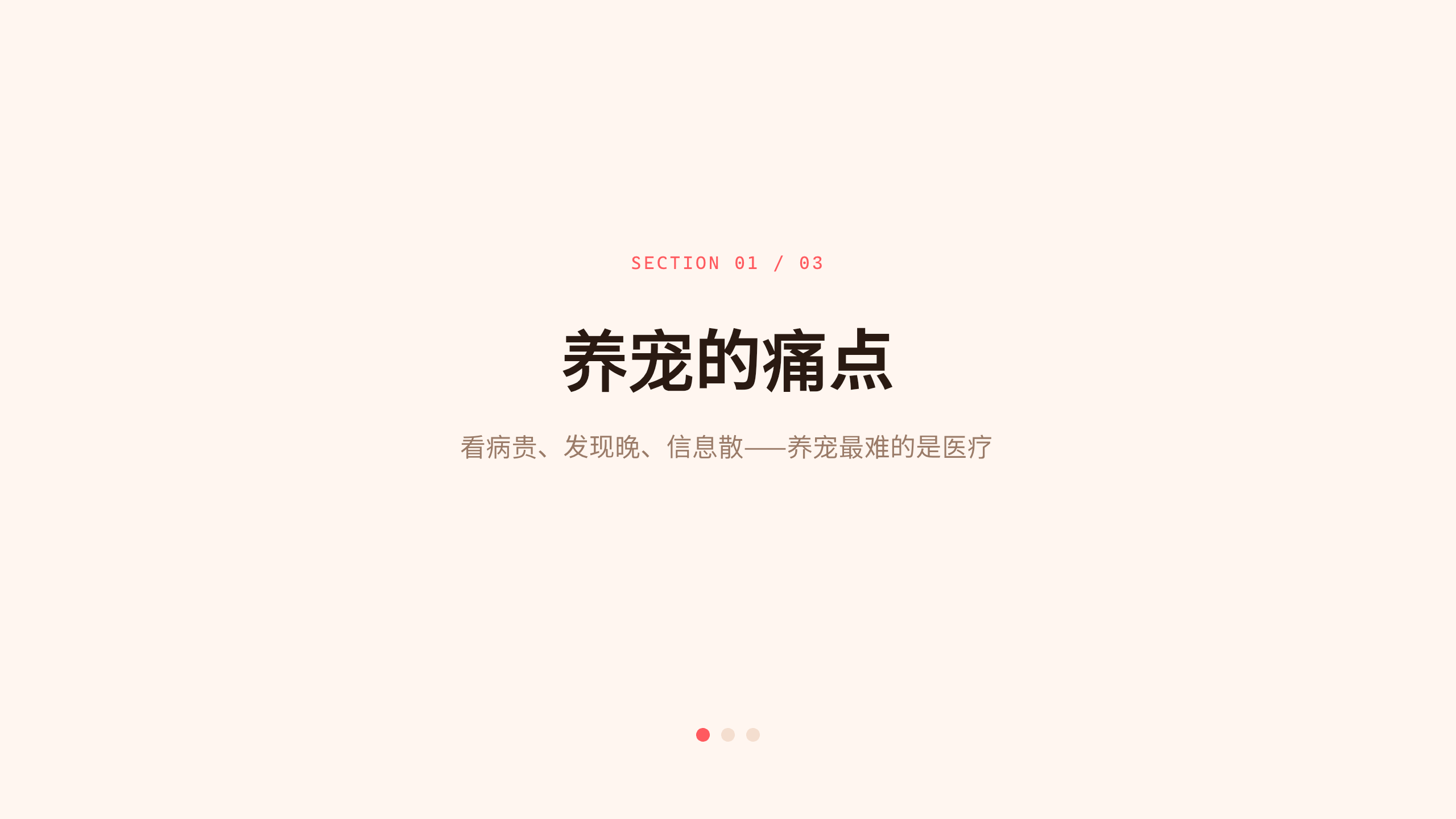 宠物健康平台「小爪」（在线问诊 + 上门 + 电子档案）。 设计系统：vivid-consumer（暖白 · 编辑 · 消费 · 唯一珊瑚红）。profile：consumer-retail。 结构原型：痛点→方案→成效，但**避开默认骨架** 第 3 页